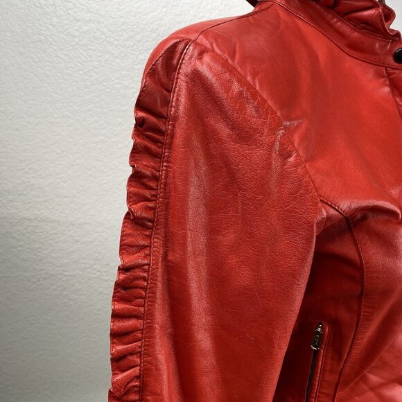 Vintage Triangles - Tannery West Jacket Womens Red Sz 5 Leather Ruffle 80's 90's - Picture 8 of 16